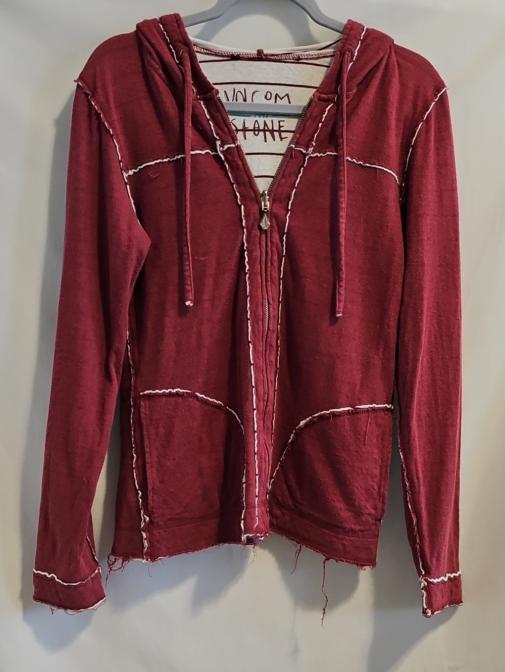 Vintage Y2K Volcom Stone "Things of Cloth" Burnout Raw Edge Hoodie Red SM